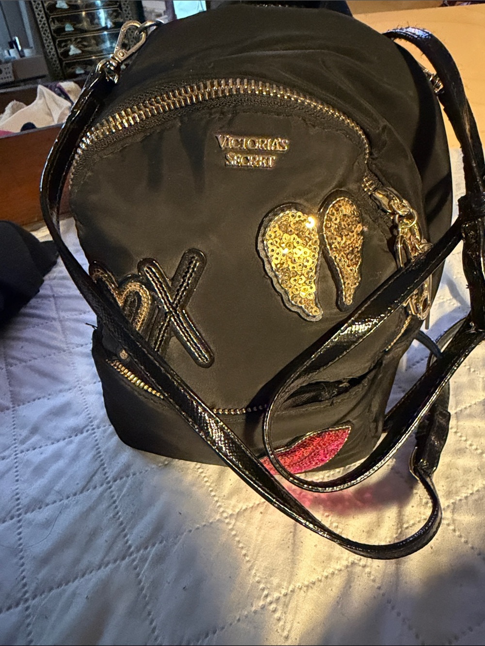 Victoria's Secret Black Mini Backpack with Gold and Pink Sequin Accents